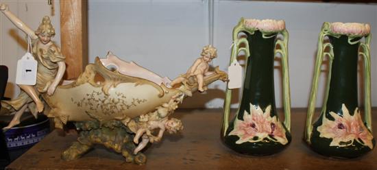Bohemian figural centrepiece and pair of Continental vases